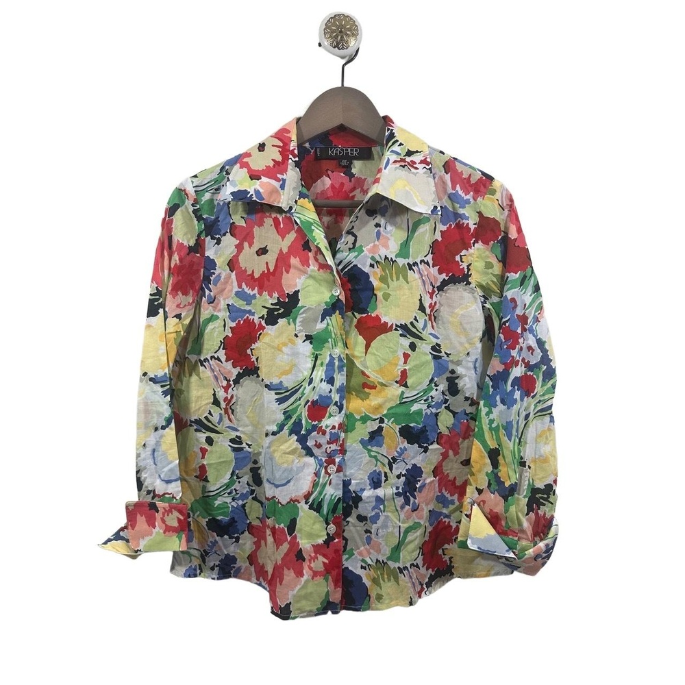 KASPER PETITE Womens 10P Button Up Shirt Multicolor Floral Abstract Long Sleeve